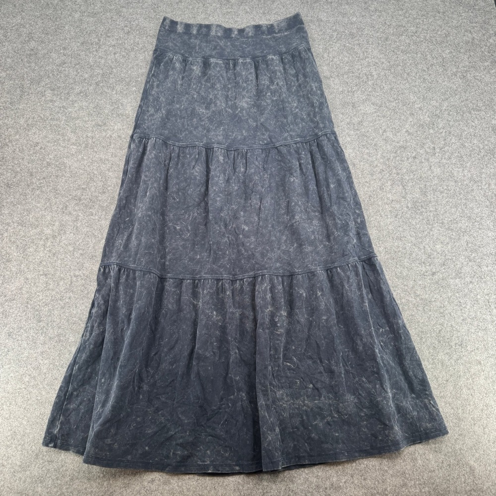 Hard Tail Acid Wash Tiered Maxi Skirt Gray Boho Knit Wide Waistband 387